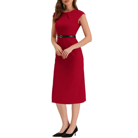 INSPIRE CHIC Women's Elegant Dress Cap Sleeve Belted Wear-to-Work Sheath Dresses XS Red