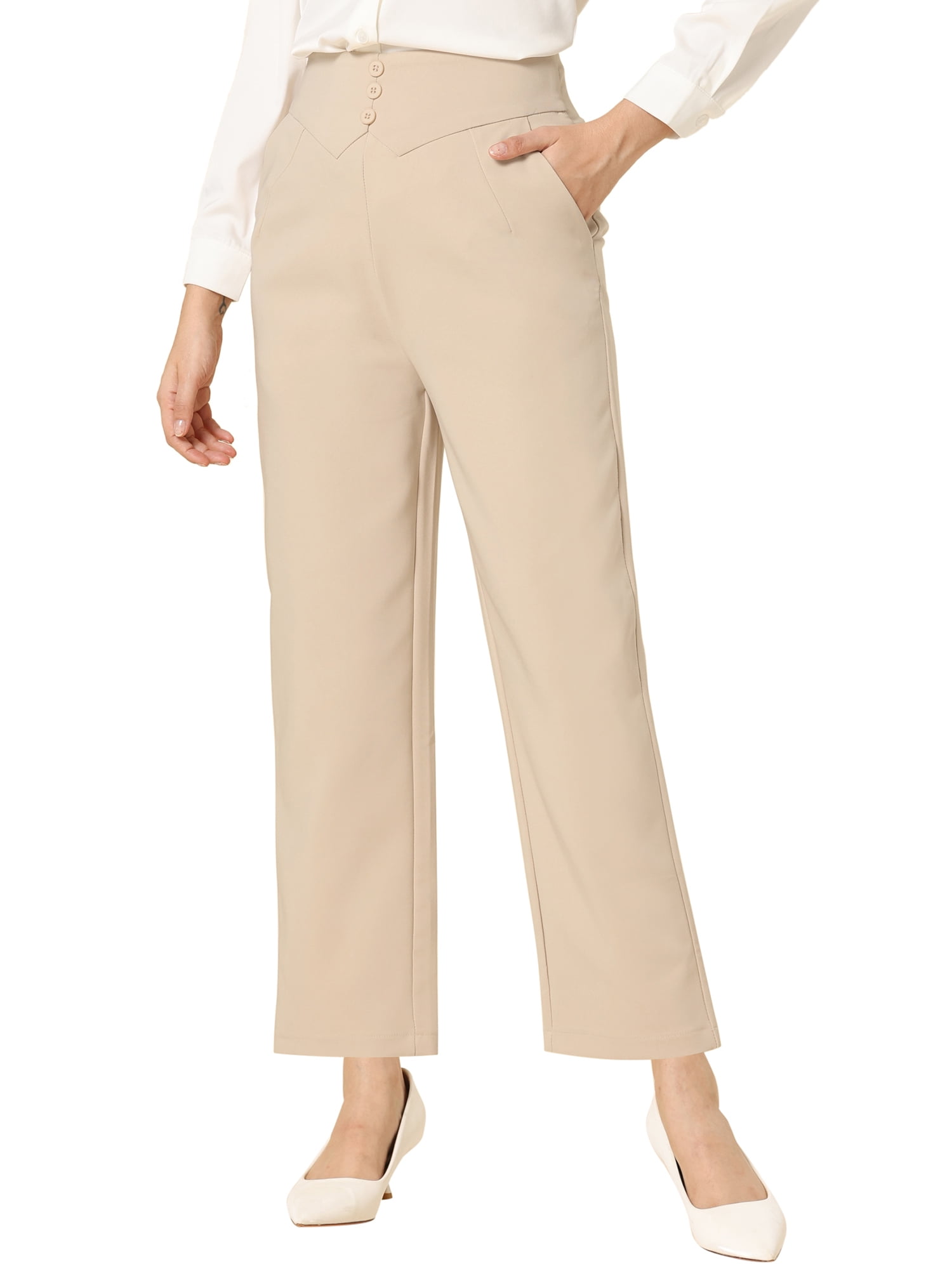 Straight Leg Work Trousers Women 2026.INSPIRE CHIC Elegant Business Pants for Women's Elastic Waist Button ...