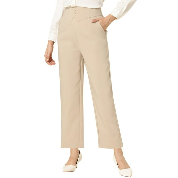 INSPIRE CHIC Elegant Business Pants for Women's Elastic Waist Button Decor Straight Leg Work Trousers Beige M