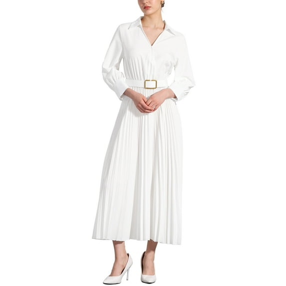 INSPIRE CHIC Edition Women's Dress Pleated 3/4 Sleeves Collared V Neck Belted Maxi Dresses S White