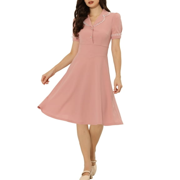 INSPIRE CHIC Vintage Midi Dress for Women's 2024 Work Peter Pan Collar Dresses XS Pink