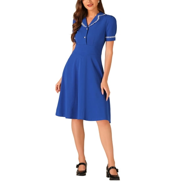 INSPIRE CHIC Vintage Midi Dress for Women's 2024 Work Peter Pan Collar Dresses XS Royal Blue
