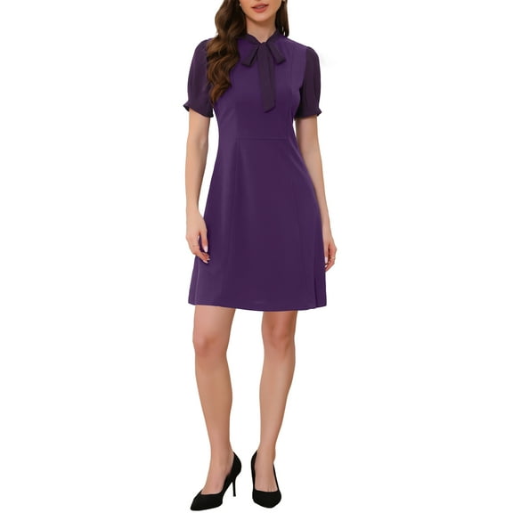 INSPIRE CHIC Women's Elegant Dresses Tie Neck Puff Short Sleeve Wear-to-Work Dress L Purple