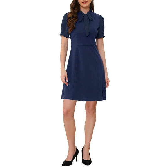 INSPIRE CHIC Women's Elegant Dresses Tie Neck Puff Short Sleeve Wear-to-Work Dress M Navy Blue