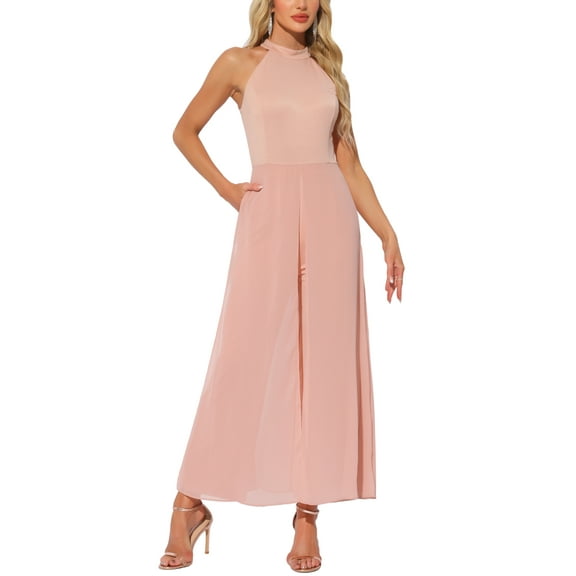 INSPIRE CHIC Women's Dressy Jumpsuit Halter Neck Sleeveless Elegant Formal Wide-Leg Jumpsuit L Pink