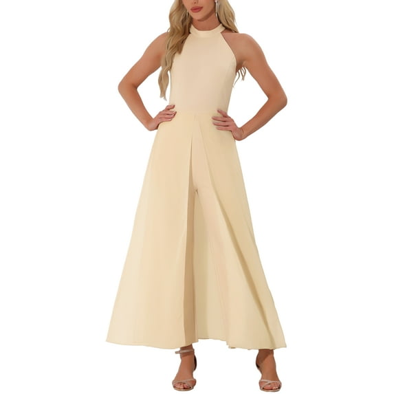 INSPIRE CHIC Women's Dressy Jumpsuit Halter Neck Sleeveless Elegant Formal Wide-Leg Jumpsuit M Apricot
