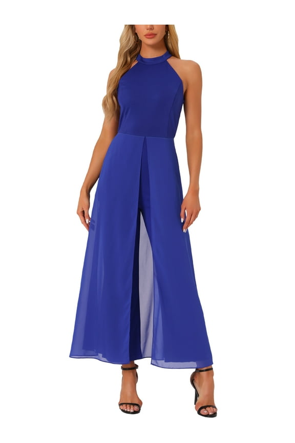 Women's Dressy Jumpsuit Halter Neck Sleeveless Elegant Formal Wide-Leg Jumpsuit M Royal Blue