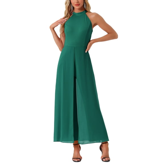 INSPIRE CHIC Women's Dressy Jumpsuit Halter Neck Sleeveless Elegant Formal Wide-Leg Jumpsuit S Dark green