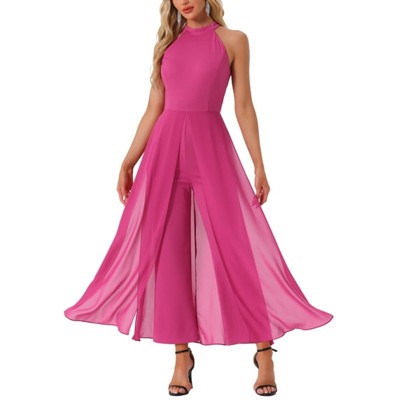 INSPIRE CHIC Women's Dressy Jumpsuit Halter Neck Sleeveless Elegant Formal Wide-Leg Jumpsuit S Hot Pink