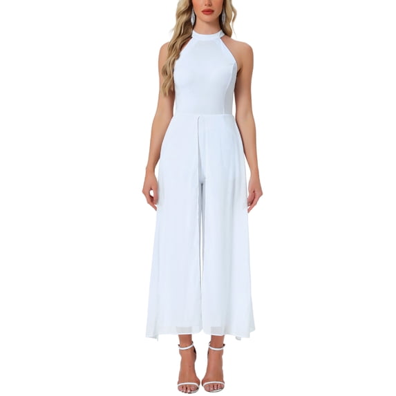 INSPIRE CHIC Women's Halloween Halter Neck Wide-Leg Jumpsuit Sleeveless Cinched Waist Maxi Romper for Wedding & Party S White