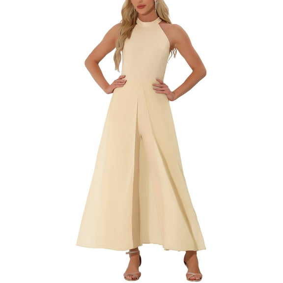 INSPIRE CHIC Women's Dressy Jumpsuit Halter Neck Sleeveless Elegant Formal Wide-Leg Jumpsuit XL Apricot