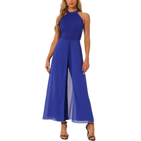 INSPIRE CHIC Women's Dressy Jumpsuit Halter Neck Sleeveless Elegant Formal Wide-Leg Jumpsuit XL Royal Blue