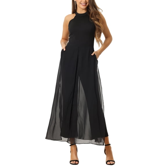 INSPIRE CHIC Women's Halloween Halter Neck Wide-Leg Jumpsuit Sleeveless Cinched Waist Maxi Romper for Wedding & Party XS Black