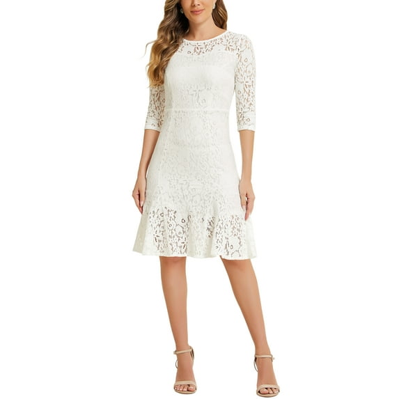 INSPIRE CHIC Women's Lace Dress 3/4 Sleeves Ruffle Bodycon Fishtail Elegant Dress S White