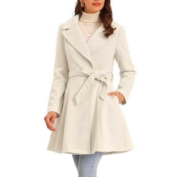 Winter Pea Coats for Women Shawl Lapel Overcoat Single Breasted Belted Long Trench Coat M Light Apricot