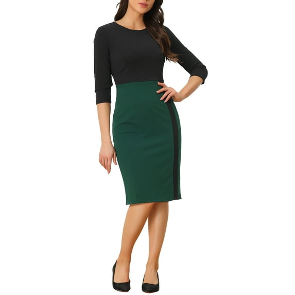 INSPIRE CHIC Elegant Pencil Dress for Women's Round Neck 3/4 Sleeves Contrast Office Sheath Dresses L Green