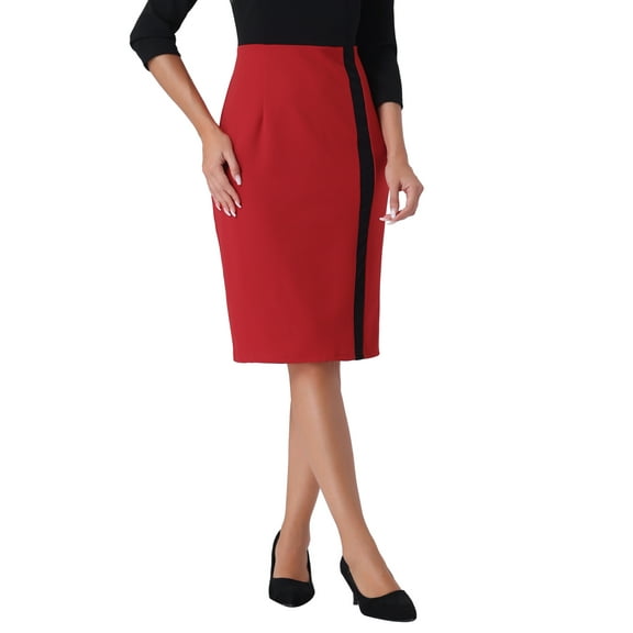 INSPIRE CHIC Elegant Pencil Dress for Women's Round Neck 3/4 Sleeves Contrast Office Sheath Dresses S Red