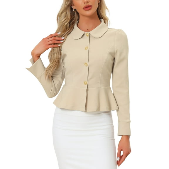INSPIRE CHIC Women's Elegant Peter Pan Collar Long Sleeves Ruffled Hem Single Breasted Office Blazers M Beige