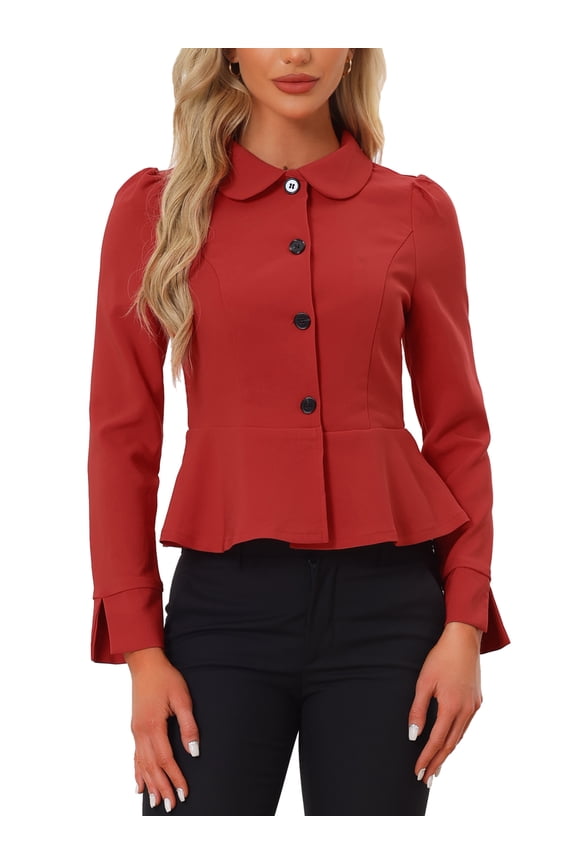 Women's Elegant Peter Pan Collar Long Sleeves Ruffled Hem Single Breasted Office Blazers XS Red