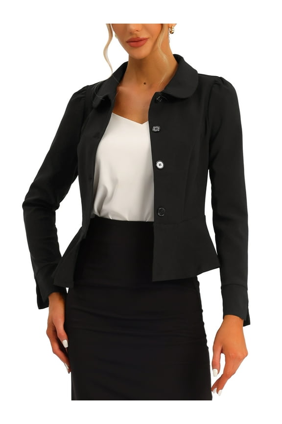 Women's Elegant Peter Pan Collar Long Sleeves Ruffled Hem Single Breasted Office Blazers S Black
