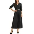 thumbnail image 1 of INSPIRE CHIC Women's Dress Pleated 3/4 Sleeves Collared V Neck Belted Maxi Dresses XL Black, 1 of 6
