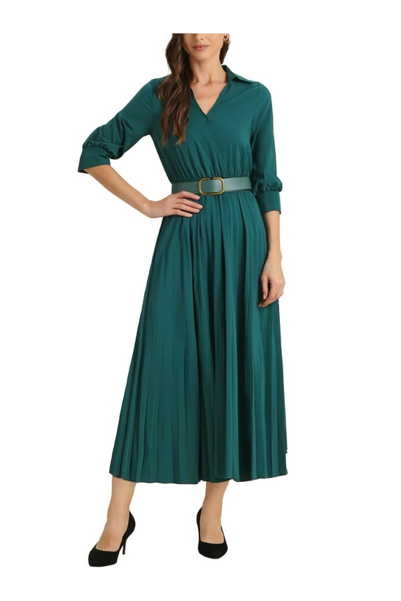 Women's Dress Pleated 3/4 Sleeves Collared V Neck Belted Maxi Dresses XS Dark Green