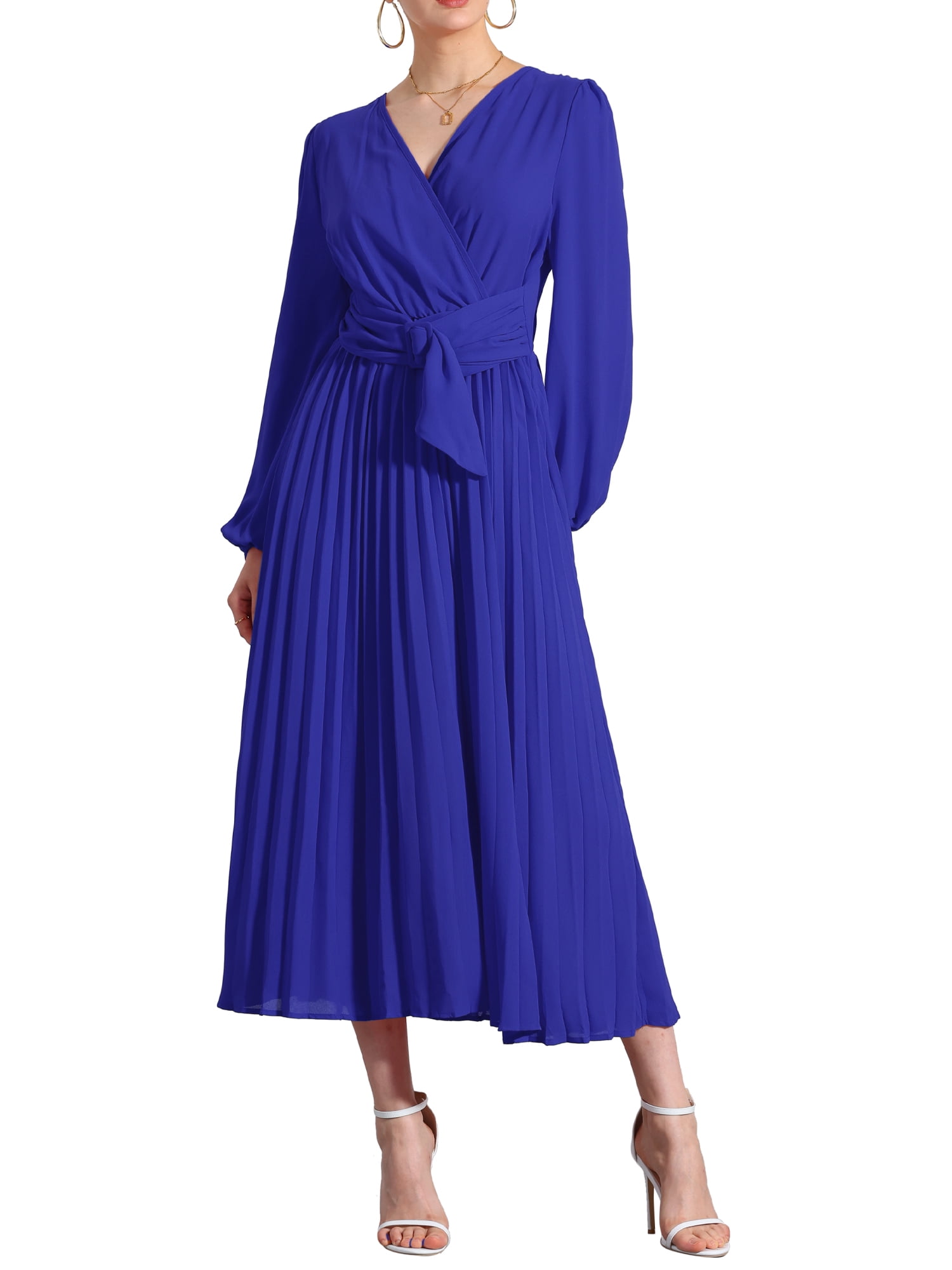 pleated dress with sleeves Jupiter Sleeve Gown neckline and a defined empire waist Metallic Pleated Long-Sleeve Dress -