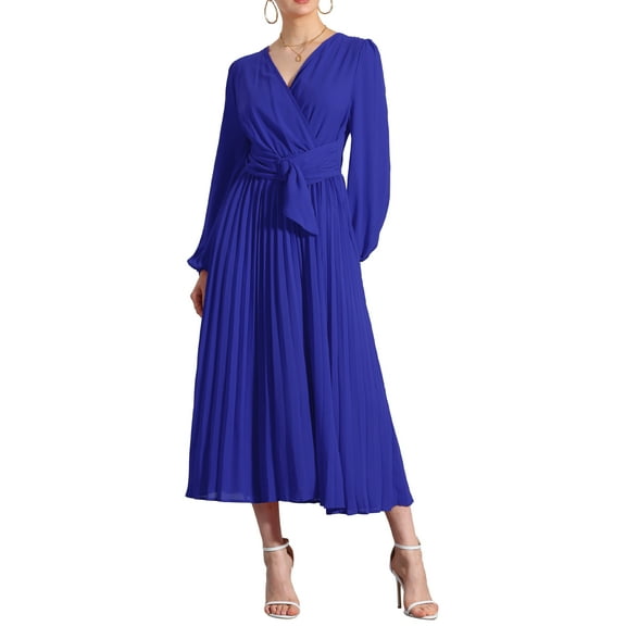 INSPIRE CHIC Elegant Pleated Dress for Women's Cross V Neck Puff Sleeve Tie Waist A-Line Dresses