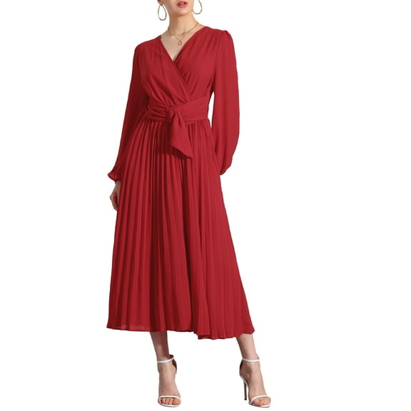 INSPIRE CHIC Elegant Pleated Dress for Women's Cross V Neck Puff Sleeve Tie Waist A-Line Dresses