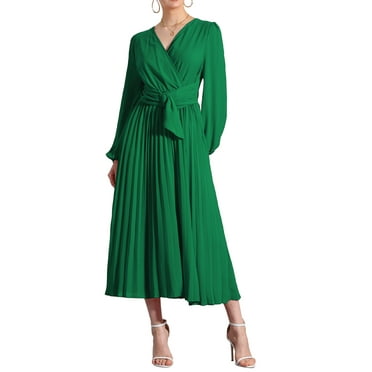 INSPIRE CHIC Elegant Pleated Dress for Women's Cross V Neck Puff Sleeve Tie Waist A-Line Dresses
