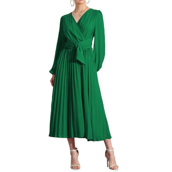 INSPIRE CHIC Elegant Pleated Dress for Women's Cross V Neck Puff Sleeve Tie Waist A-Line Dresses
