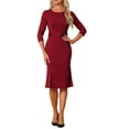 thumbnail image 1 of INSPIRE CHIC Women's Sheath Dress Elegant Crew Neck 3/4 Sleeve Slit Work Belted Pencil Dresses XS Red, 1 of 6