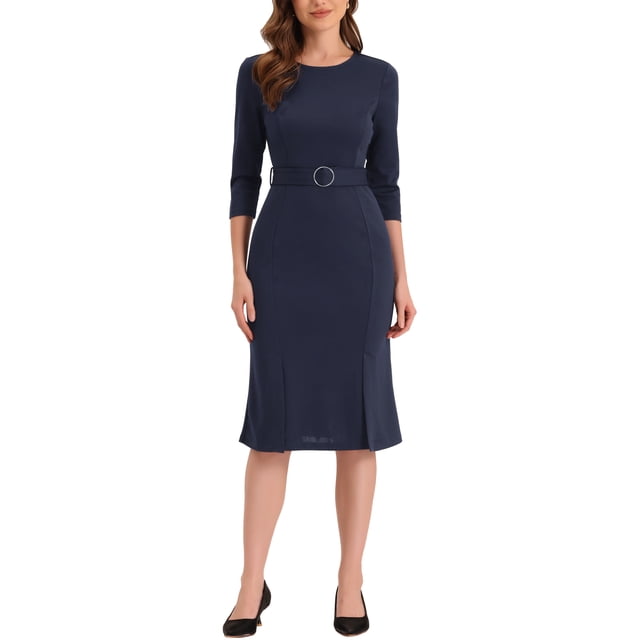 Allegra K Women's Work Sheath Tie Neck Knit Long Sleeve Midi Dress Black X-Large