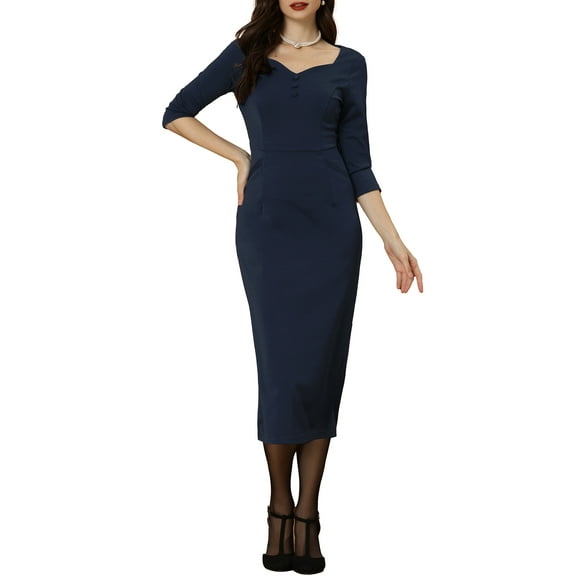 INSPIRE CHIC Elegant Sheath Dress for Women's Sweatheart Neck Half Sleeve Wear-to-Work Dress XS Dark Blue