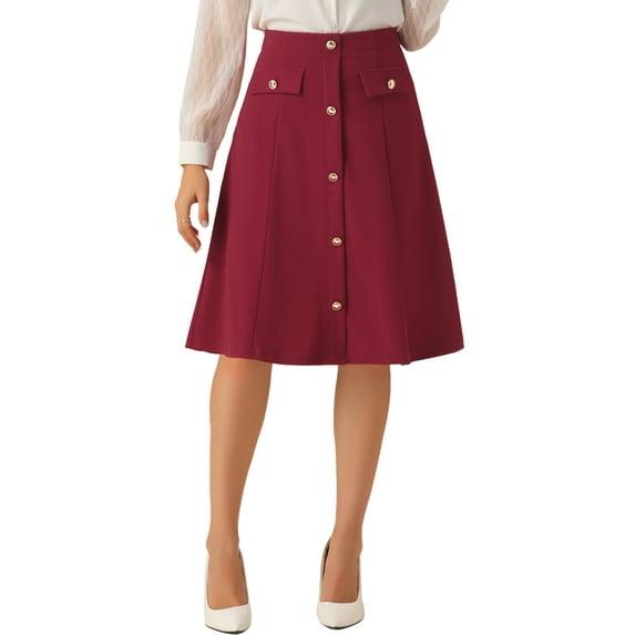 INSPIRE CHIC Elegant Women's A-Line Button Front Knee Length Skirt for Work and Formal Occasions M Red