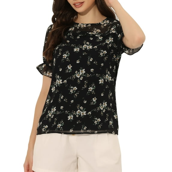 INSPIRE CHIC Women's Chiffon Tops Short Sleeves Ruffled Trim Floral Work Office Blouse 2XL Black