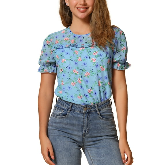 INSPIRE CHIC Women's Chiffon Tops Short Sleeves Ruffled Trim Floral Work Office Blouse L Sky Blue
