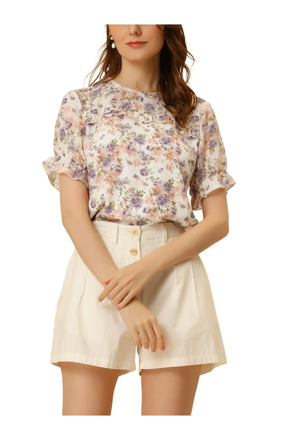 Women's Chiffon Tops Short Sleeves Ruffled Trim Floral Work Office Blouse XS Pink Purple