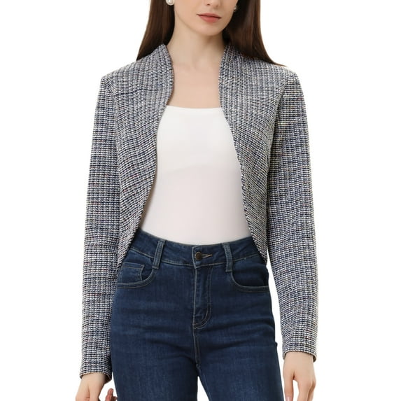 INSPIRE CHIC Elegant Cardigan for Women's Plaid Open Front Office Shrug Long Sleeve Cropped Bolero Cardigan Dark Grey XS