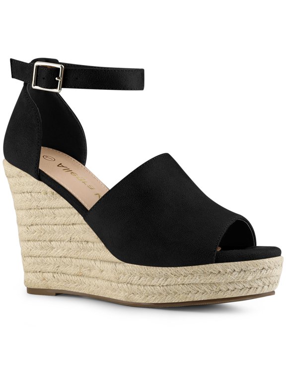 Women's Shoes Espadrille Wedge Ankle Strap Open Toe Faux Suede Sandals Black 8