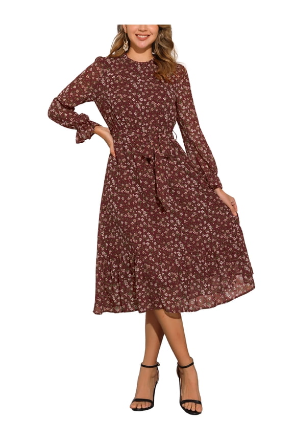 Women's Dress Floral Mock Neck Ruffle Long Sleeve Flowy Chiffon A-Line Midi Dresses Wine Red XL