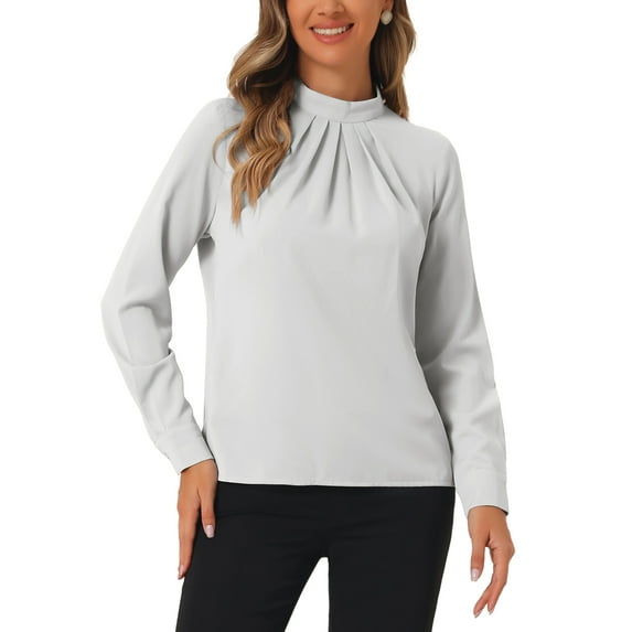 INSPIRE CHIC Fall Winter Stand Collar Chiffon Blouse for Women's Long Sleeve Business Casual Work Shirt L Gray