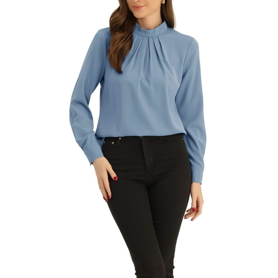 INSPIRE CHIC Fall Winter Stand Collar Chiffon Blouse for Women's Long Sleeve Business Casual Work Shirt L Grey Blue