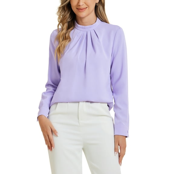 INSPIRE CHIC Fall Winter Stand Collar Chiffon Blouse for Women's Long Sleeve Business Casual Work Shirt L Purple