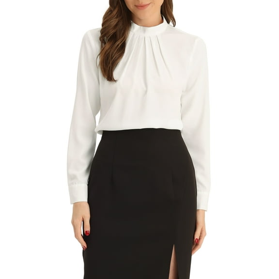 INSPIRE CHIC Fall Winter Stand Collar Chiffon Blouse for Women's Long Sleeve Business Casual Work Shirt L White