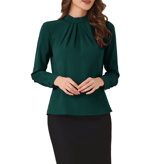 INSPIRE CHIC Fall Winter Stand Collar Chiffon Blouse for Women's Long Sleeve Business Casual Work Shirt M Dark Green