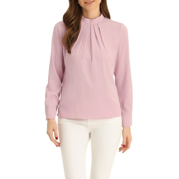 INSPIRE CHIC Fall Winter Stand Collar Chiffon Blouse for Women's Long Sleeve Business Casual Work Shirt S Pink