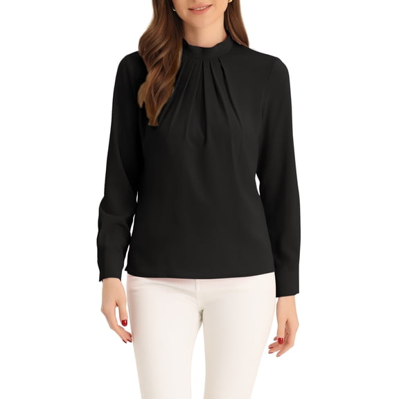 INSPIRE CHIC Fall Winter Stand Collar Chiffon Blouse for Women's Long Sleeve Business Casual Work Shirt XS Black