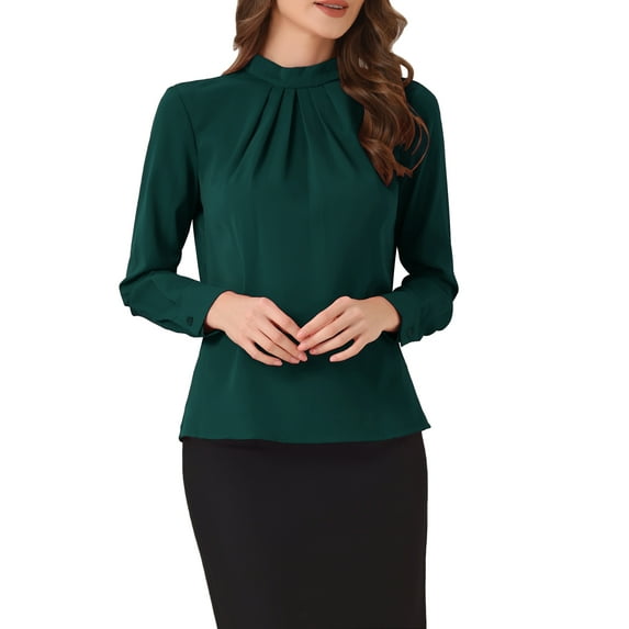 INSPIRE CHIC Fall Winter Stand Collar Chiffon Blouse for Women's Long Sleeve Business Casual Work Shirt XS Dark Green
