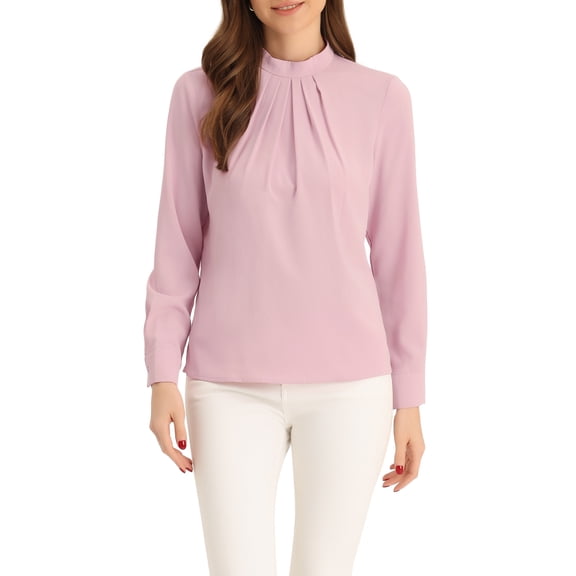 INSPIRE CHIC Fall Winter Stand Collar Chiffon Blouse for Women's Long Sleeve Business Casual Work Shirt XS Pink